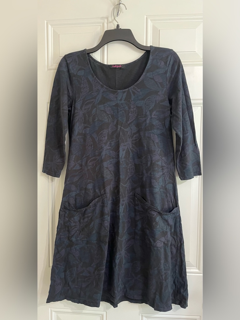 Fresh Produce Dress Women’s XS Floral Blue Black Cotton 3/4 Sleeve USA Coastal